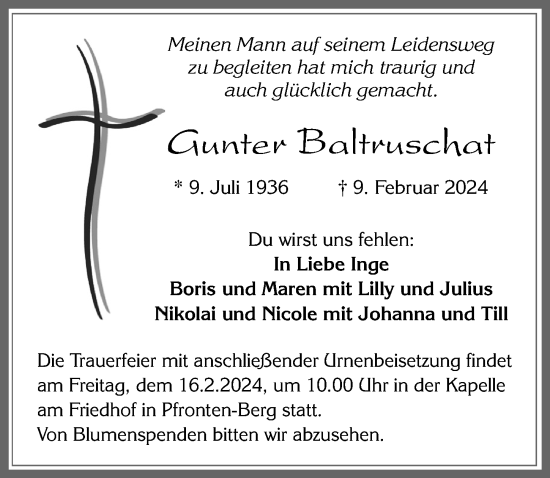 Traueranzeige von Gunter Baltruschat von Allgäuer Zeitung, Füssen