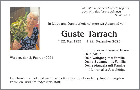 Traueranzeige von Guste Tarrach von Allgäuer Anzeigeblatt