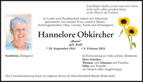 Traueranzeige von Hannelore Obkircher von Memminger Zeitung