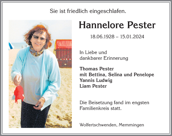 Traueranzeige von Hannelore Pester von Memminger Zeitung