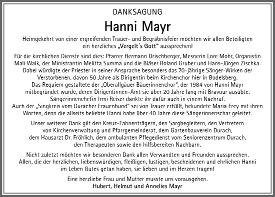 Traueranzeige von Hanni Mayr von Allgäuer Zeitung,Kempten