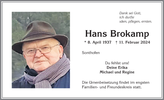 Traueranzeige von Hans Brokamp von Allgäuer Anzeigeblatt