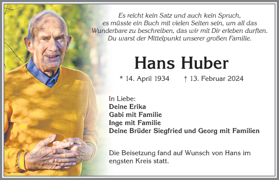 Traueranzeige von Hans Huber von Allgäuer Zeitung,Kempten