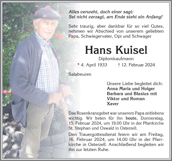 Traueranzeige von Hans Kuisel von Allgäuer Zeitung, Kaufbeuren/Buchloe