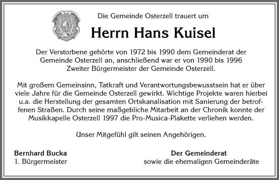 Traueranzeige von Hans Kuisel von Allgäuer Zeitung, Kaufbeuren/Buchloe