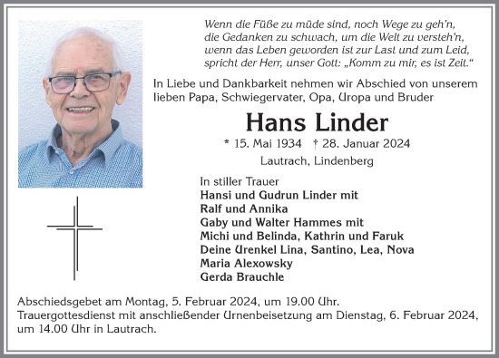 Traueranzeige von Hans Linder von Memminger Zeitung