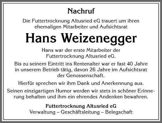 Traueranzeige von Hans Weizenegger von Allgäuer Anzeigeblatt