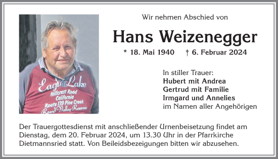 Traueranzeige von Hans Weizenegger von Allgäuer Zeitung,Kempten