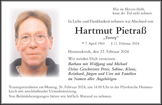 Traueranzeige von Hartmut Pietraß von Der Westallgäuer