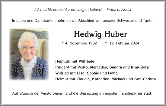 Traueranzeige von Hedwig Huber von Augsburger Allgemeine, Mindelheimer Zeitung