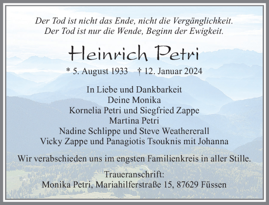 Traueranzeige von Heinrich Petri von Allgäuer Zeitung, Füssen