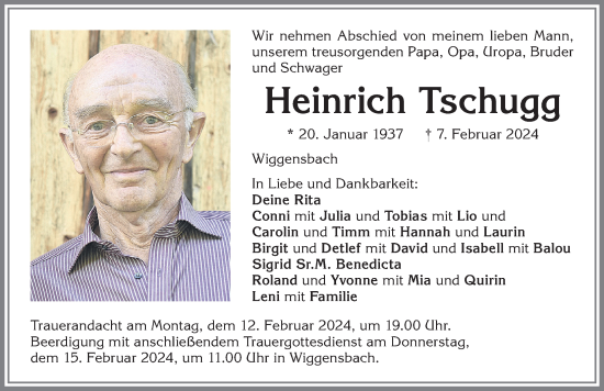 Traueranzeige von Heinrich Tschugg von Allgäuer Zeitung,Kempten