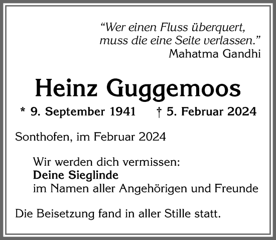 Traueranzeige von Heinz Guggemoos von Allgäuer Anzeigeblatt