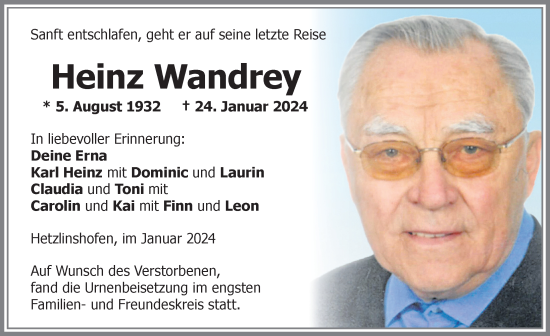 Traueranzeige von Heinz Wandrey von Allgäuer Zeitung,Kempten