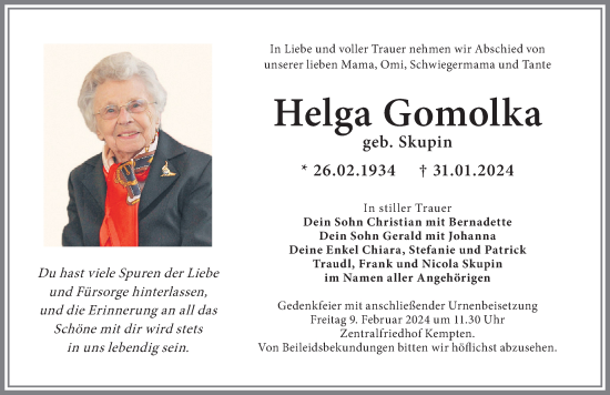 Traueranzeige von Helga Gomolka von Allgäuer Zeitung,Kempten