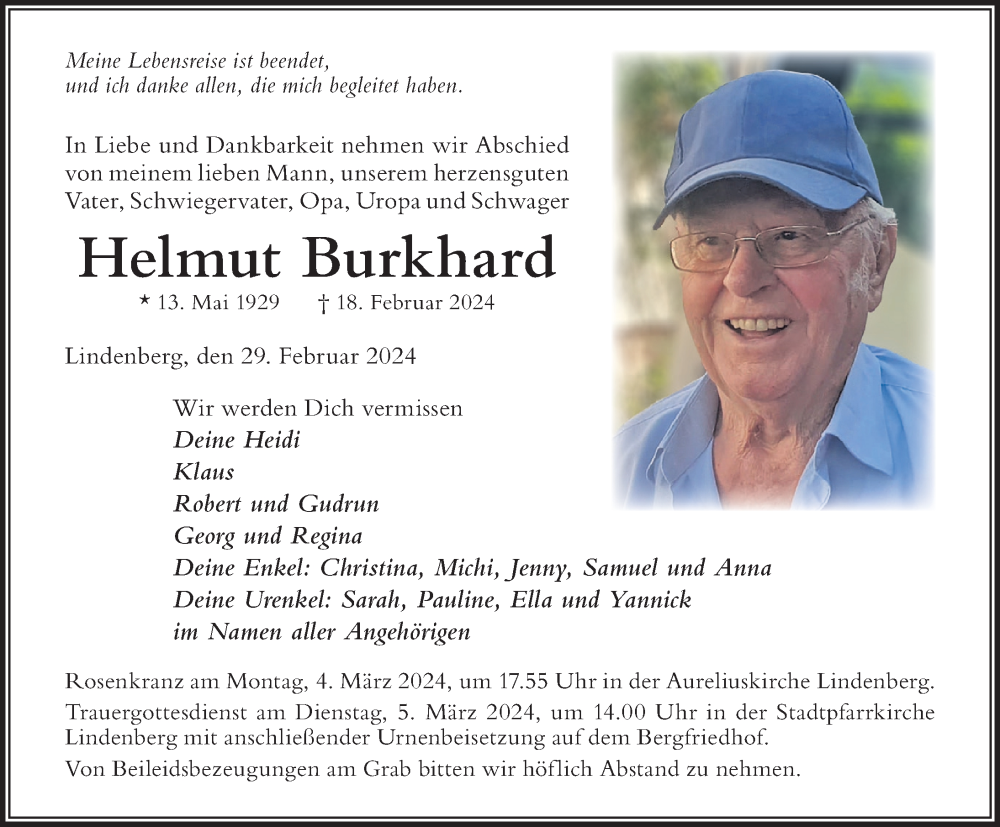  Traueranzeige für Helmut Burkhard vom 29.02.2024 aus Der Westallgäuer