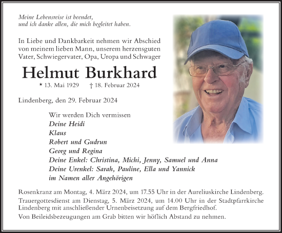 Traueranzeige von Helmut Burkhard von Der Westallgäuer