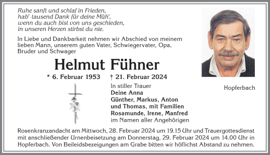 Traueranzeige von Helmut Fühner von Allgäuer Zeitung, Marktoberdorf