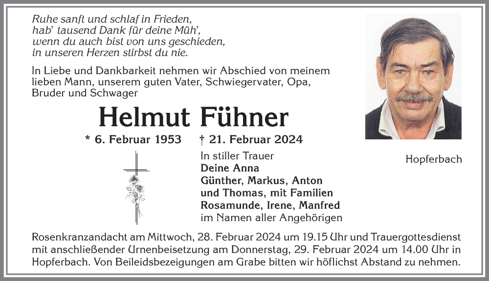  Traueranzeige für Helmut Fühner vom 24.02.2024 aus Allgäuer Zeitung, Marktoberdorf