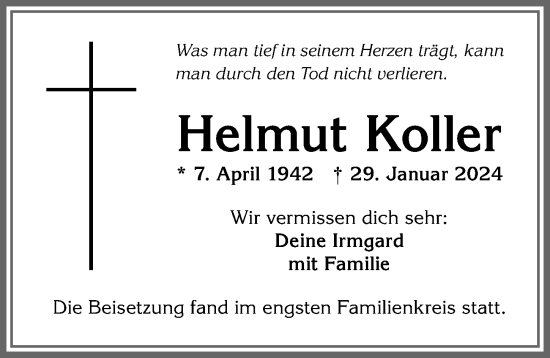Traueranzeige von Helmut Koller von Allgäuer Anzeigeblatt