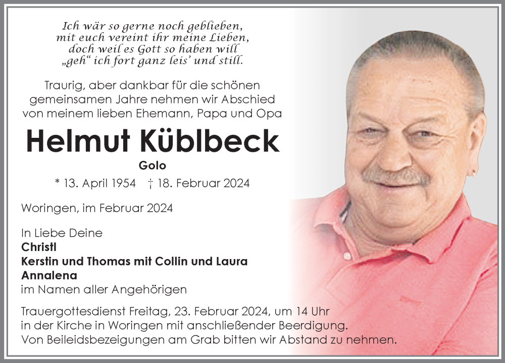  Traueranzeige für Helmut Küblbeck vom 21.02.2024 aus Memminger Zeitung