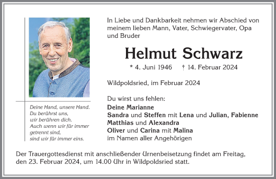 Traueranzeige von Helmut Schwarz von Allgäuer Zeitung,Kempten