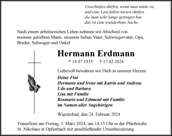 Traueranzeige von Hermann Erdmann von Der Westallgäuer