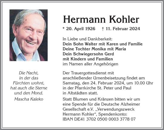 Traueranzeige von Hermann Kohler von Allgäuer Zeitung,Kempten