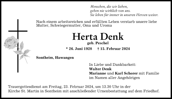 Traueranzeige von Herta Denk von Memminger Zeitung