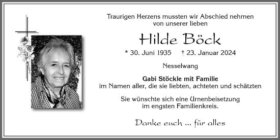 Traueranzeige von Hilde Böck von Allgäuer Zeitung, Füssen