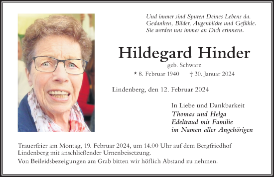 Traueranzeige von Hildegard Hinder von Der Westallgäuer