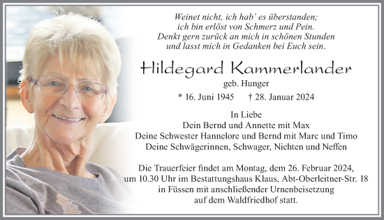Traueranzeige von Hildegard Kammerlander von Allgäuer Zeitung, Füssen