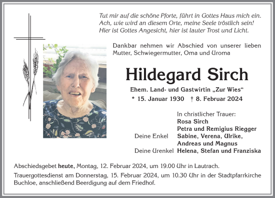 Traueranzeige von Hildegard Sirch von Allgäuer Zeitung, Kaufbeuren/Buchloe
