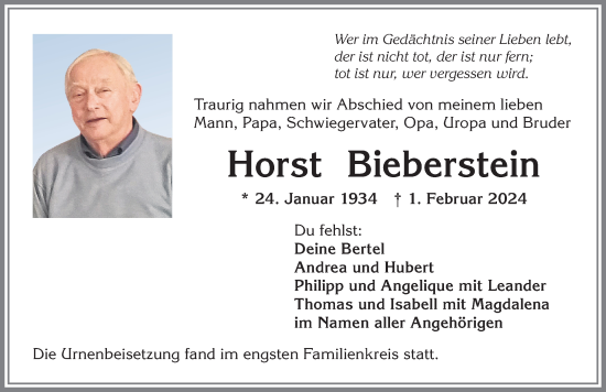 Traueranzeige von Horst Bieberstein von Allgäuer Zeitung,Kempten