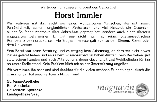 Traueranzeige von Horst Immler von Allgäuer Zeitung, Füssen