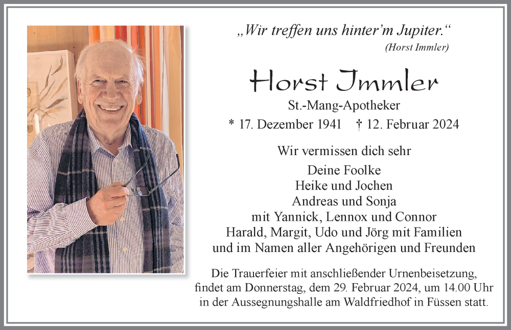  Traueranzeige für Horst Immler vom 17.02.2024 aus Allgäuer Zeitung, Füssen