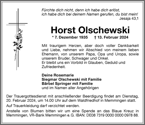 Traueranzeige von Horst Olschewski von Memminger Zeitung