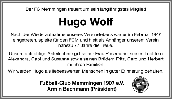 Traueranzeige von Hugo Wolf von Memminger Zeitung