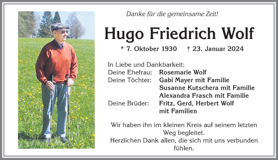 Traueranzeige von Hugo Friedrich Wolf von Memminger Zeitung