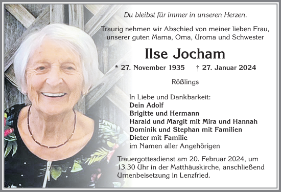Traueranzeige von Ilse Jocham von Allgäuer Zeitung,Kempten
