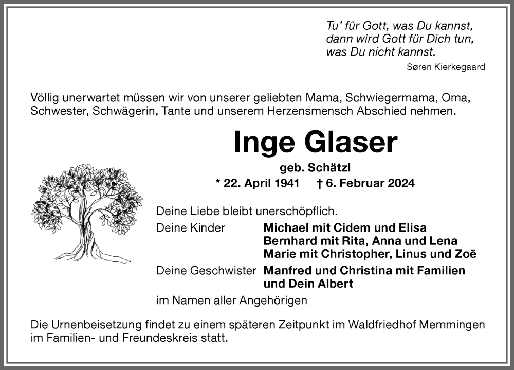  Traueranzeige für Inge Glaser vom 12.02.2024 aus Memminger Zeitung