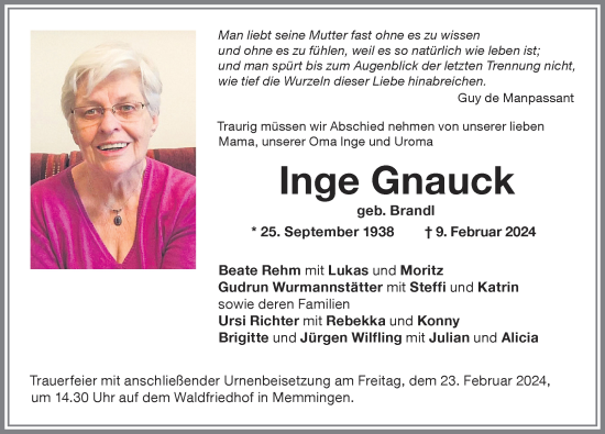 Traueranzeige von Inge Gnauck von Memminger Zeitung
