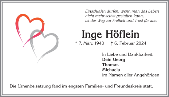 Traueranzeige von Inge Höflein von Allgäuer Zeitung,Kempten