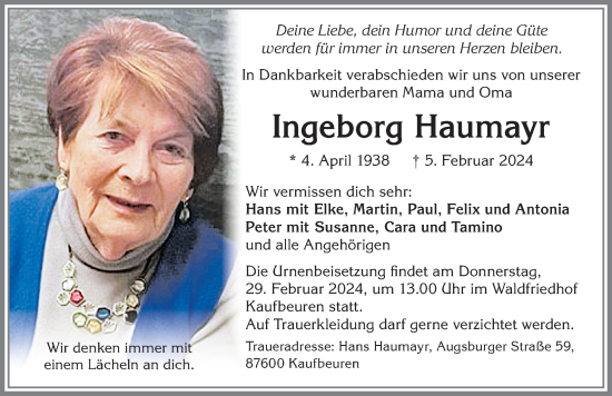 Traueranzeige von Ingeborg Haumayr von Allgäuer Zeitung, Kaufbeuren/Buchloe
