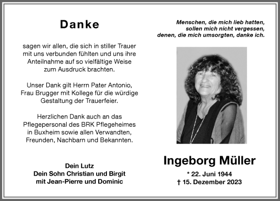 Traueranzeige von Ingeborg Müller von Memminger Zeitung