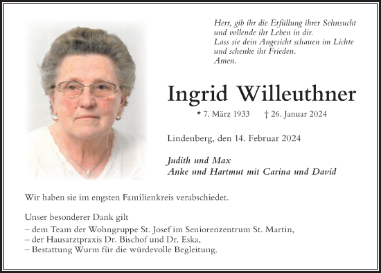 Traueranzeige von Ingrid Willeuthner von Der Westallgäuer