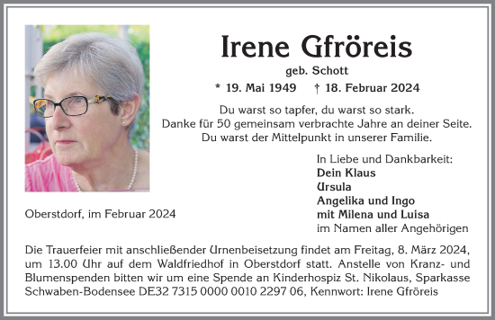 Traueranzeige von Irene Gfröreis von Allgäuer Anzeigeblatt