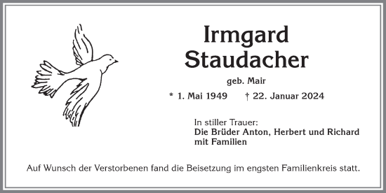 Traueranzeige von Irmgard Staudacher von Allgäuer Zeitung,Kempten
