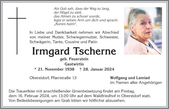 Traueranzeige von Irmgard Tscherne von Allgäuer Anzeigeblatt