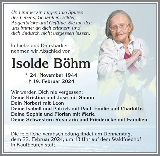 Traueranzeige von Isolde Böhm von Allgäuer Zeitung, Kaufbeuren/Buchloe